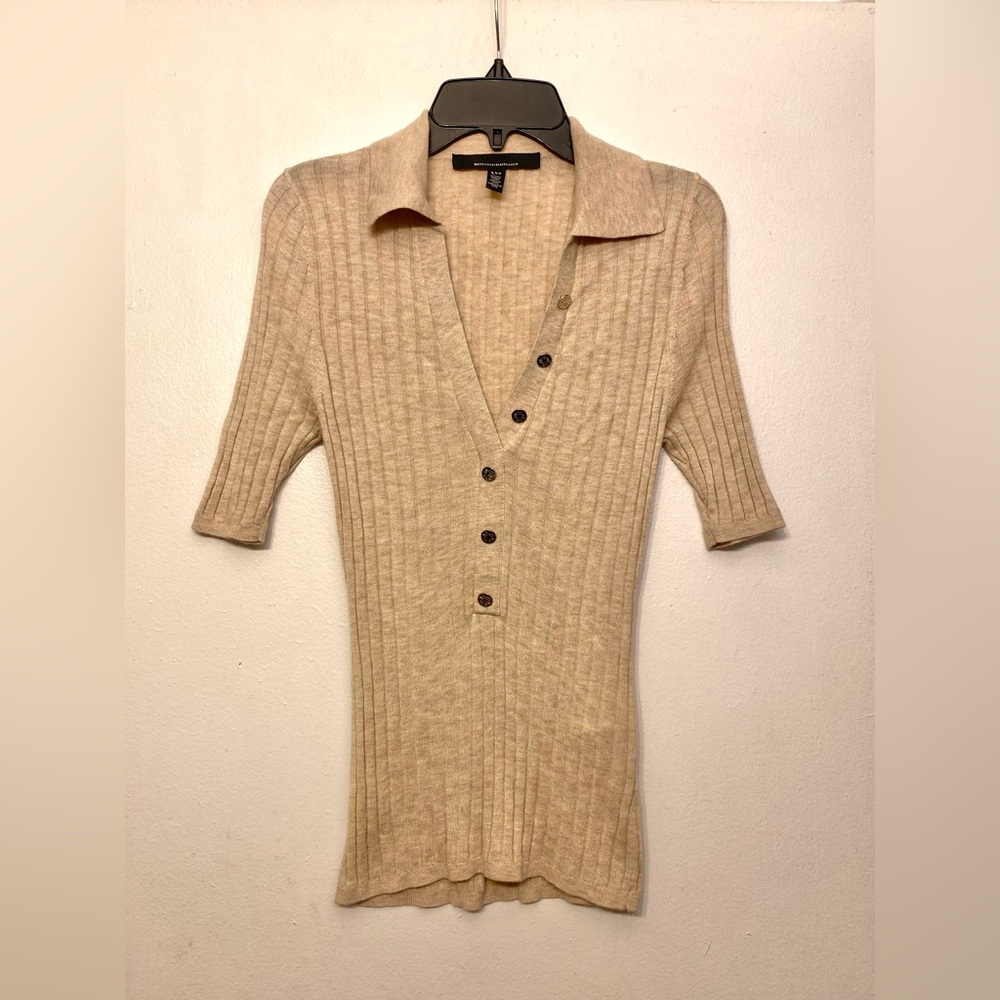 White House Black‎ Market Cashmere 3/4 Sleeve Beige V-Neck Button Sweater XXS